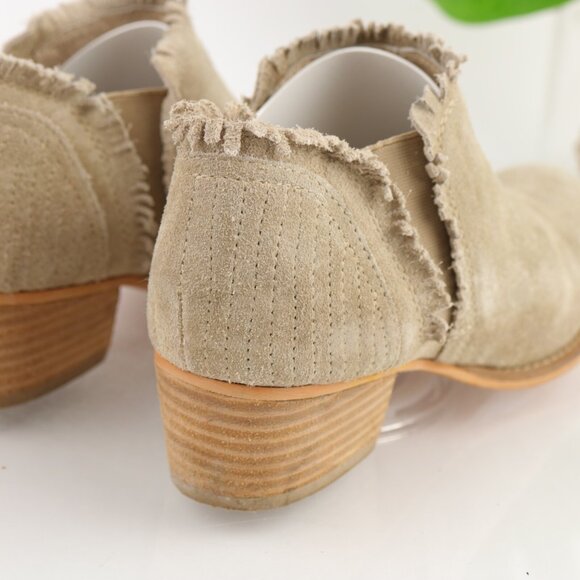Rebels Womens Chlesea Boot Size 10 Tan Beige Suede Fringe Trim Block Heel - Picture 3 of 11